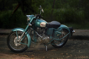 a blue royal enfield bike