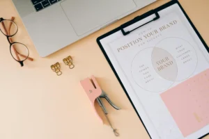 Brand positioning strategy worksheet on clipboard