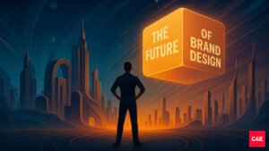 Illustration of a futuristic cityscape with a person facing a glowing cube