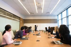 Team planning how to rebrand successfully during a strategy meeting