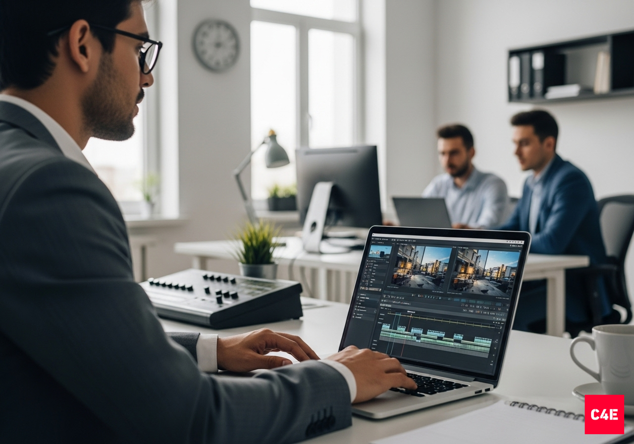 An Indian business professional reviewing video editing proposals on a laptop while two editors collaborate in the background in a modern office setting.