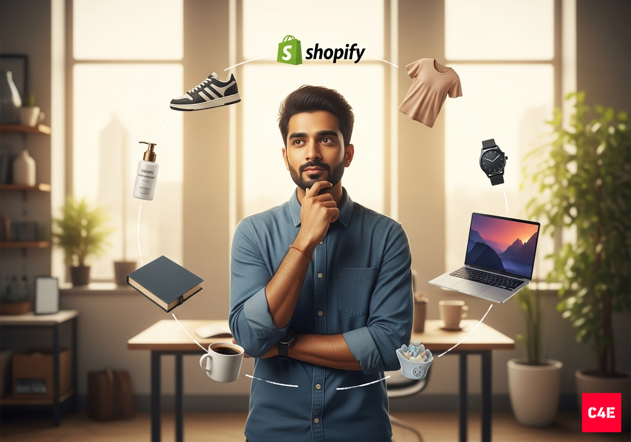 An Indian entrepreneur thinking in a modern workspace while unique products like a sneaker, skincare bottle, T-shirt, watch, laptop, coffee mug, and book float around him, symbolizing a Shopify D2C store.