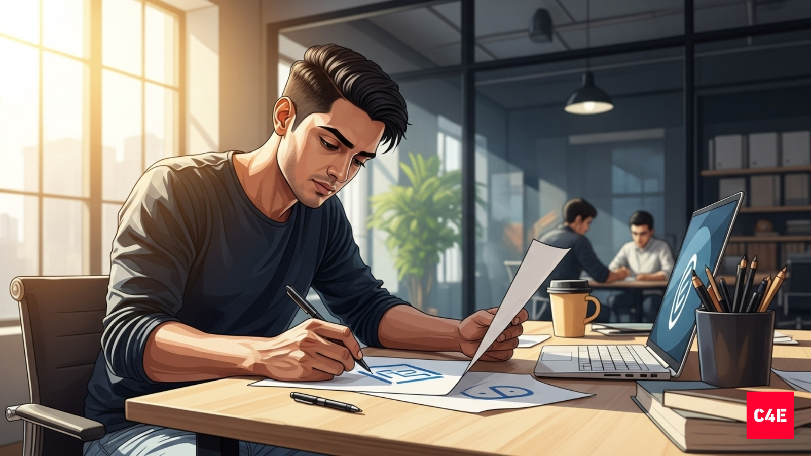 Indian startup founder in a coworking space sketching a logo with brand design elements visible on laptop screen, symbolizing brand design strategy.