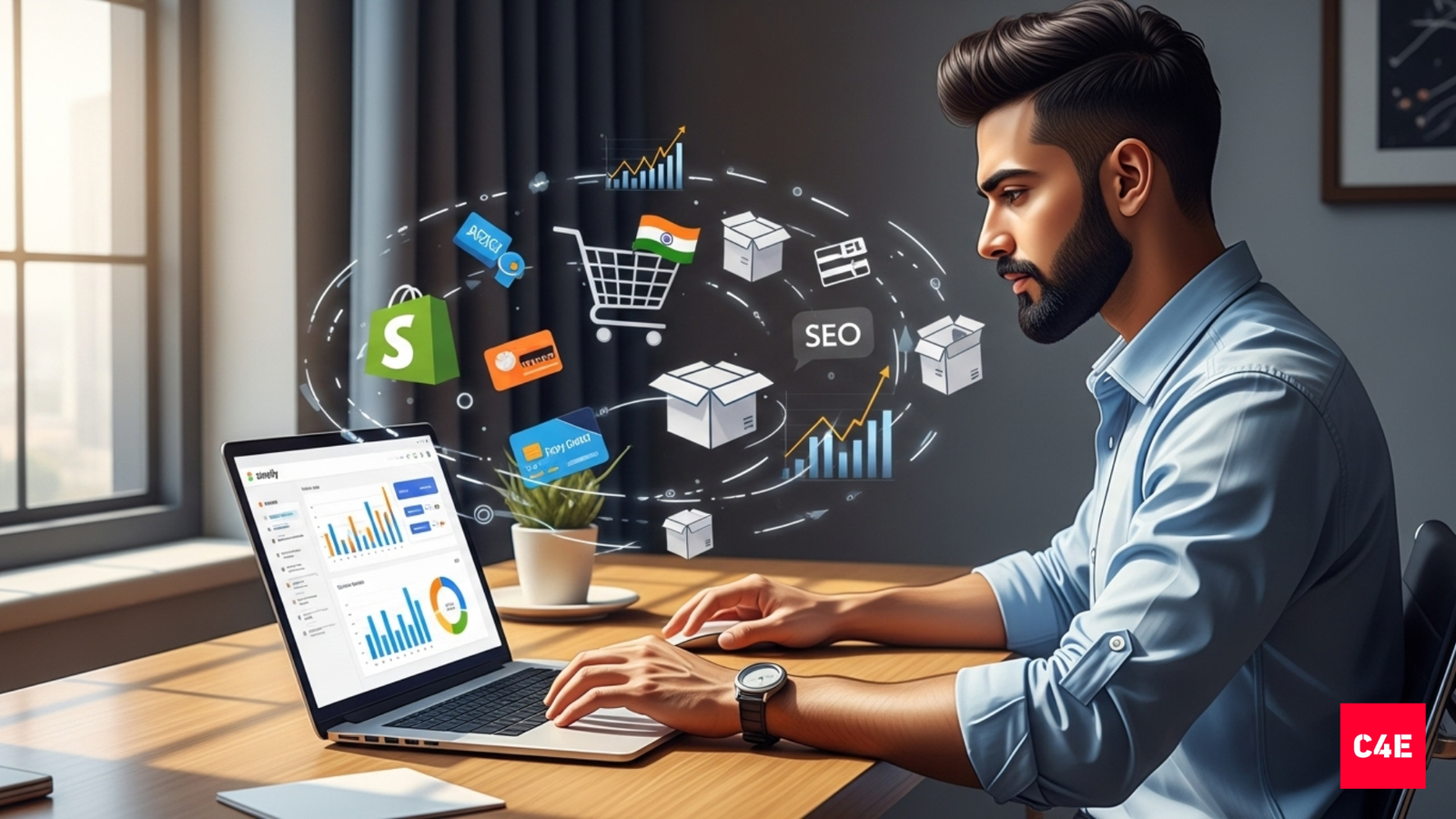 Indian entrepreneur working on a laptop with floating ecommerce icons like shopping cart, payments, and product boxes, symbolizing Shopify store setup.