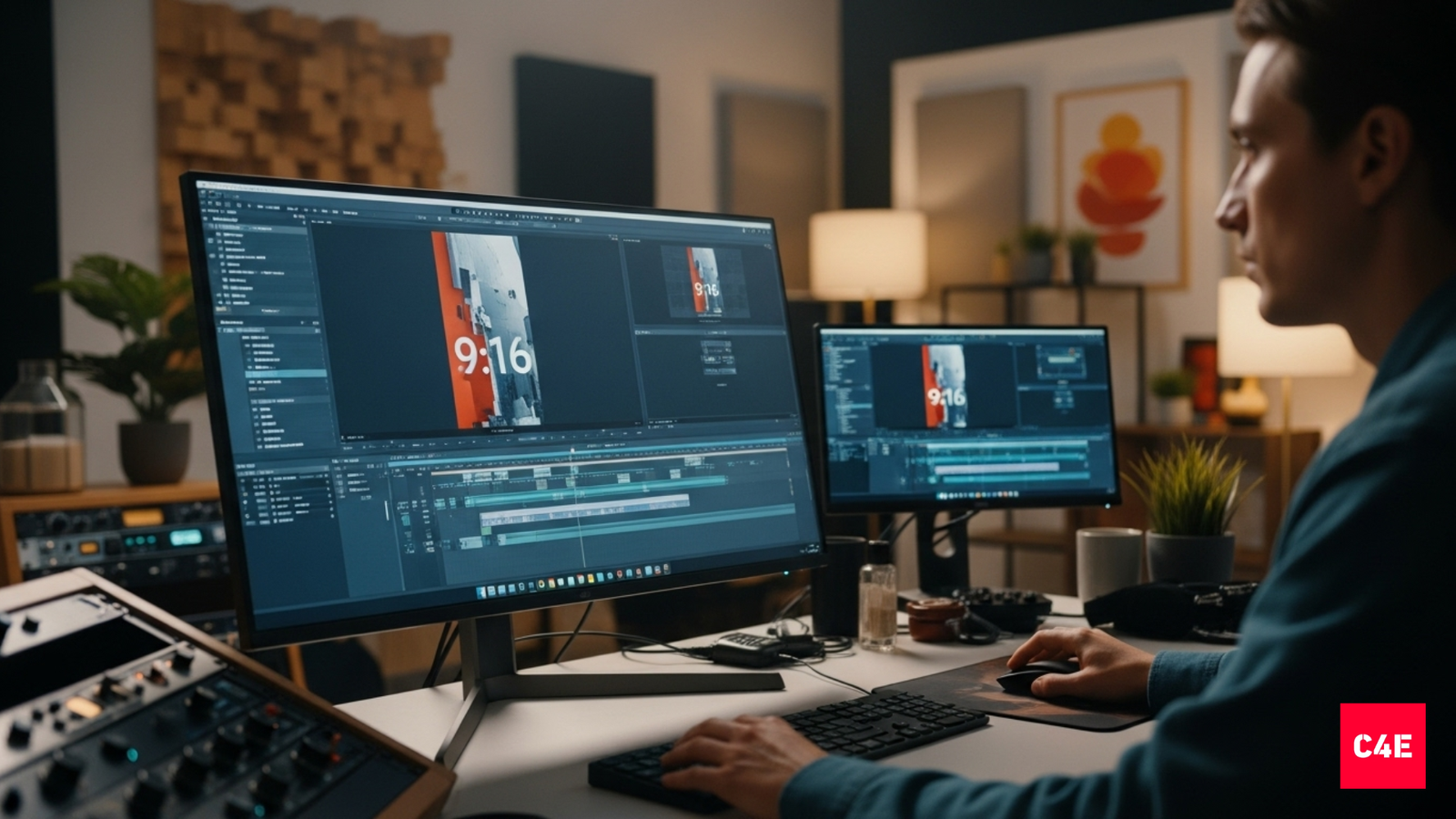 Video editor in a studio editing a vertical video with captions and motion graphics, symbolizing YouTube Shorts editing service