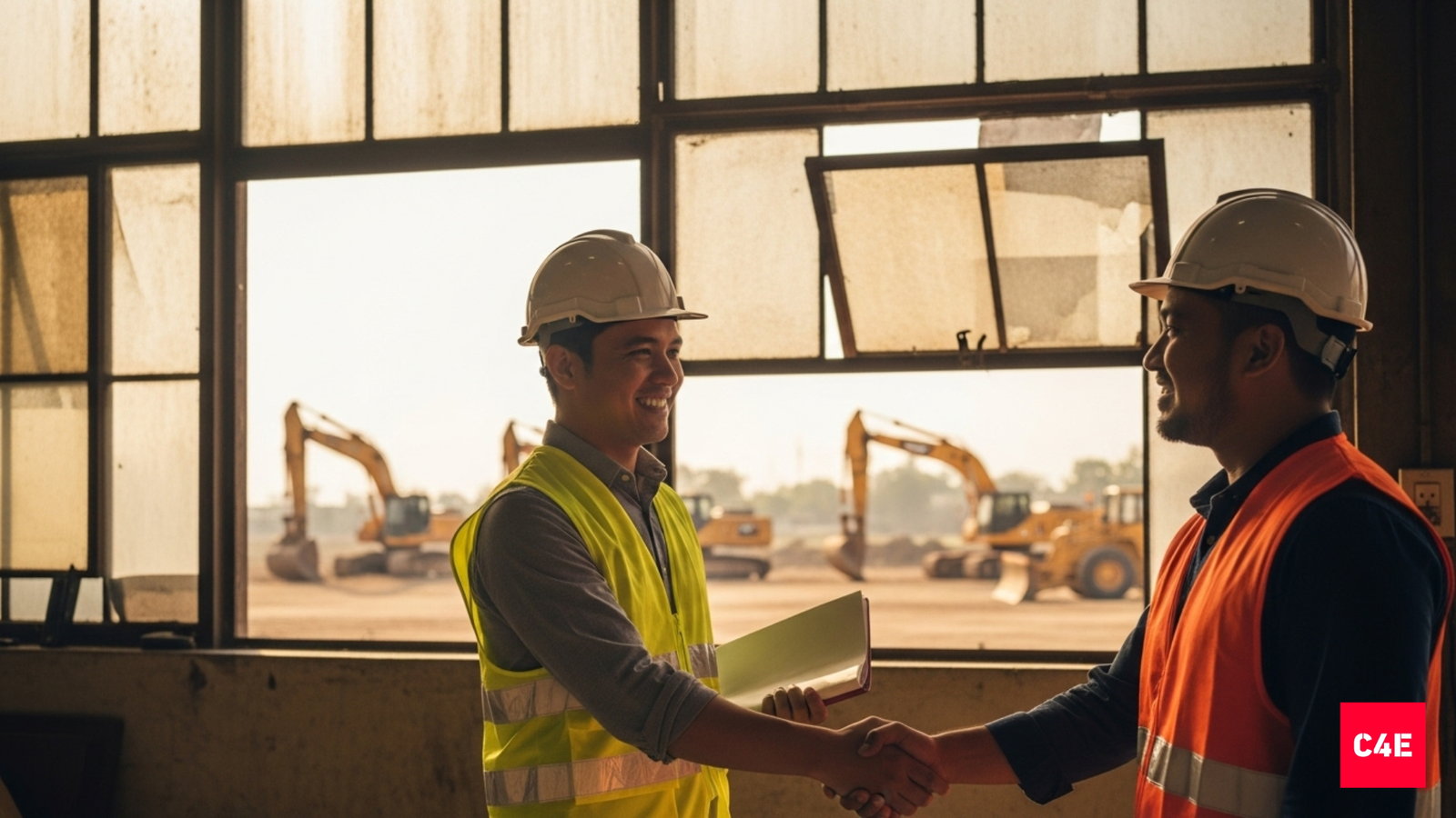 Engineer and worker shaking hands on a factory floor, symbolizing storytelling that humanizes industrial brands in India.