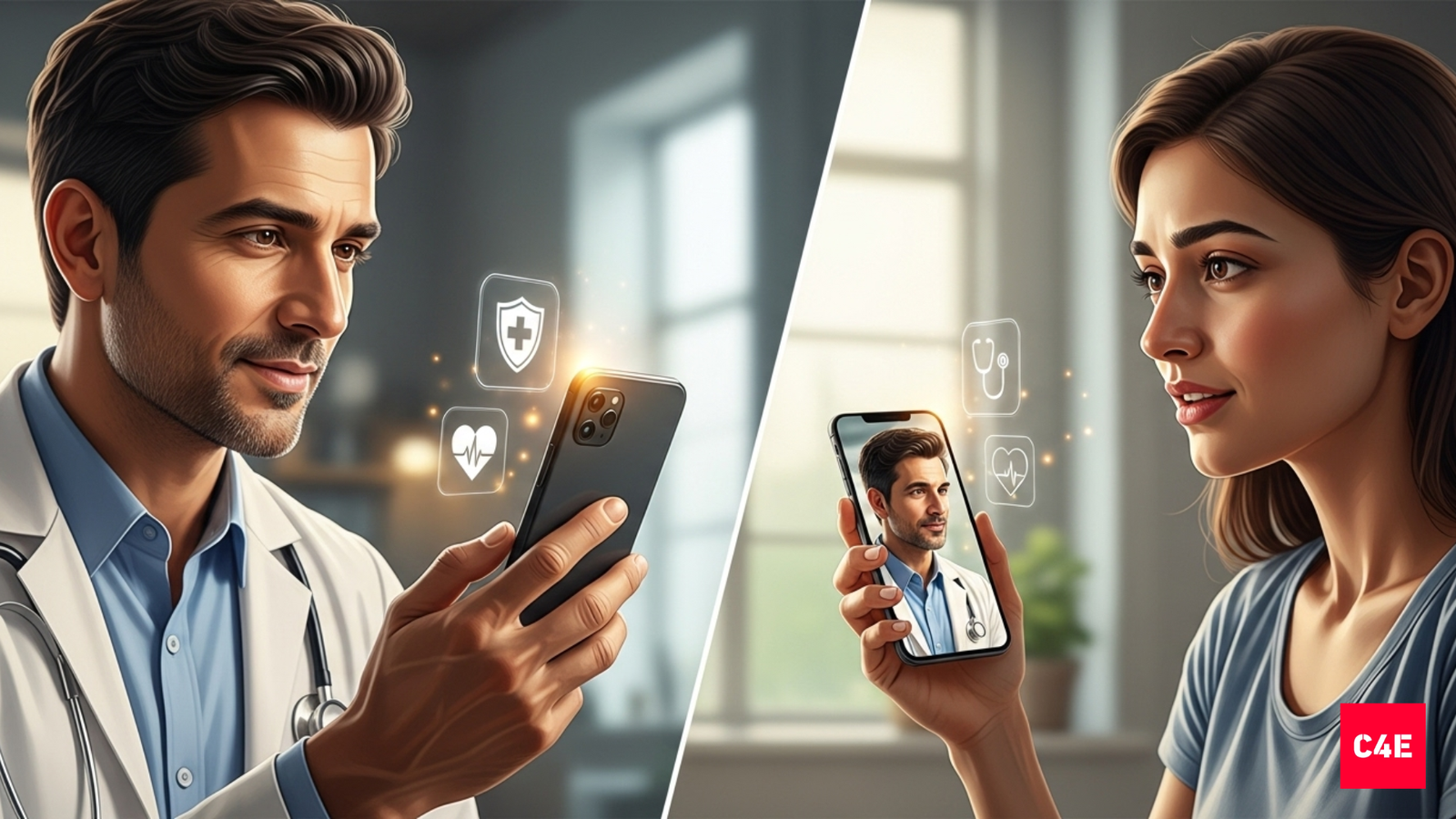Indian doctor consulting a patient via telemedicine app with secure medical icons, symbolizing trust in HealthTech branding.