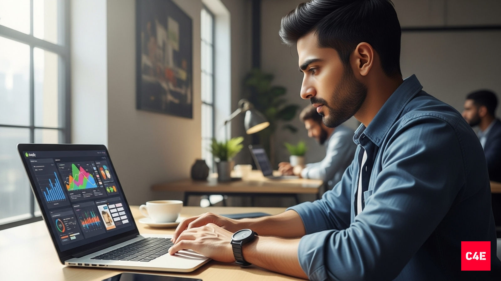 Indian entrepreneur working on a laptop with floating SEO and ecommerce icons, symbolizing Shopify SEO for D2C brands.