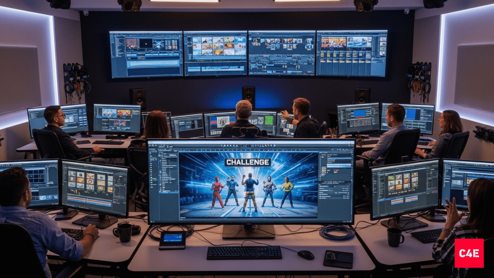 Modern editing studio with multiple monitors showing video timelines, symbolizing the editing process behind MrBeast’s videos.