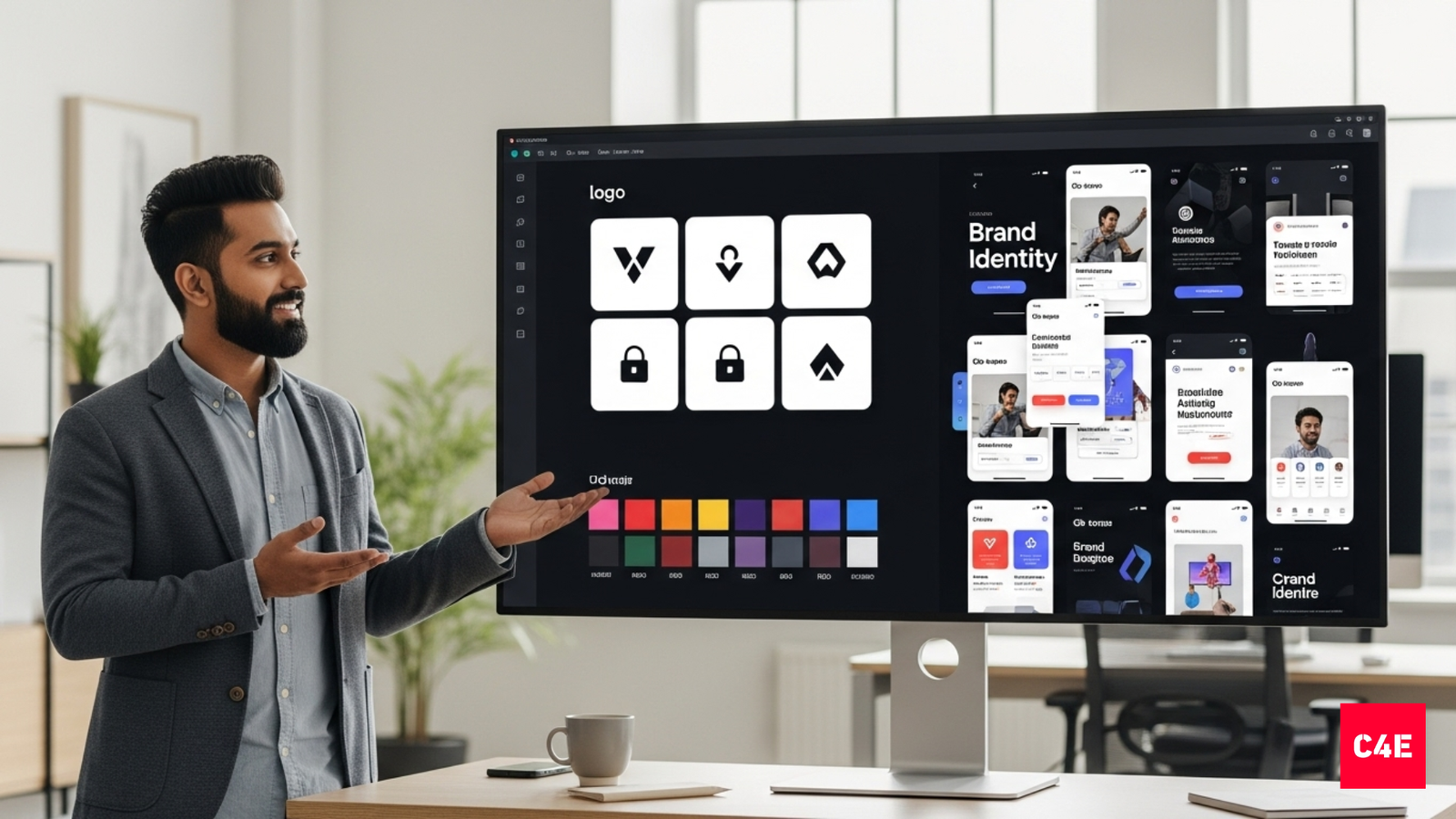 Indian startup founder showcasing brand identity system for consumer tech brand.