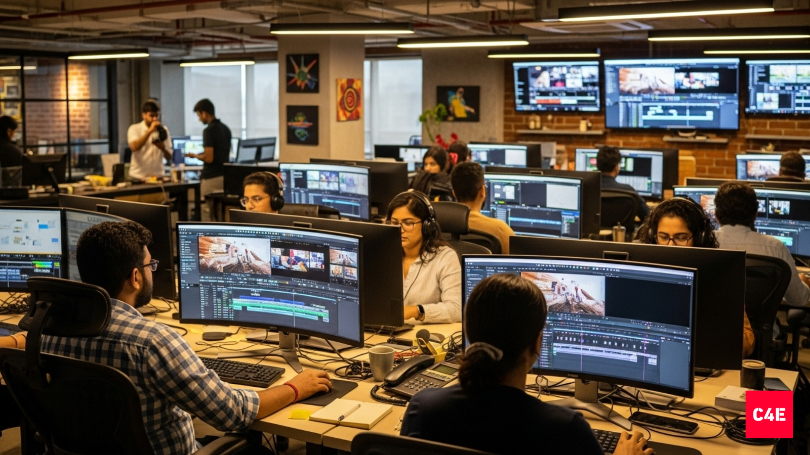 High-volume video editing agency setup with editors and AI workflow.