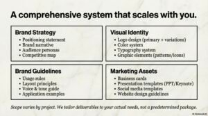Comprehensive brand design system diagram showing four main deliverable categories: brand strategy, visual identity, brand guidelines, and marketing assets