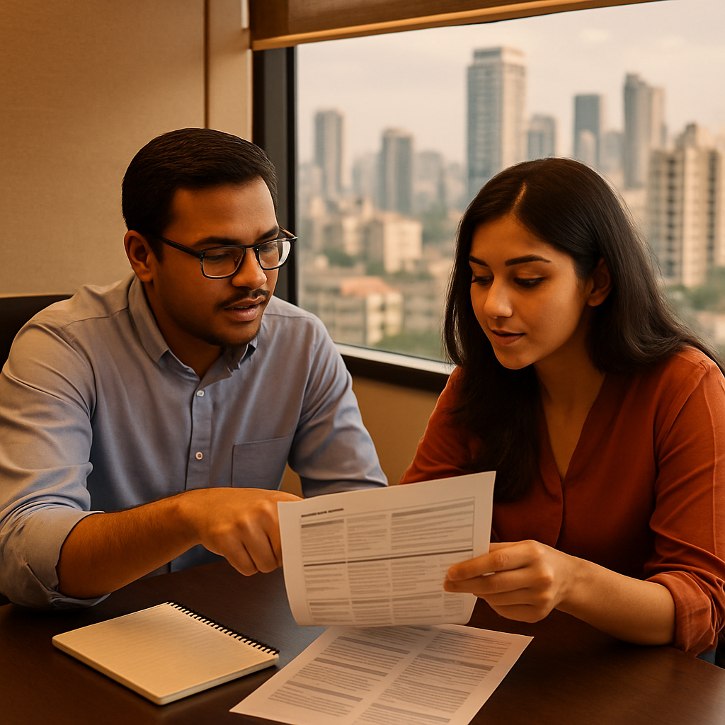 Two professionals in a Mumbai meeting room review a printed content brief during a workshop.