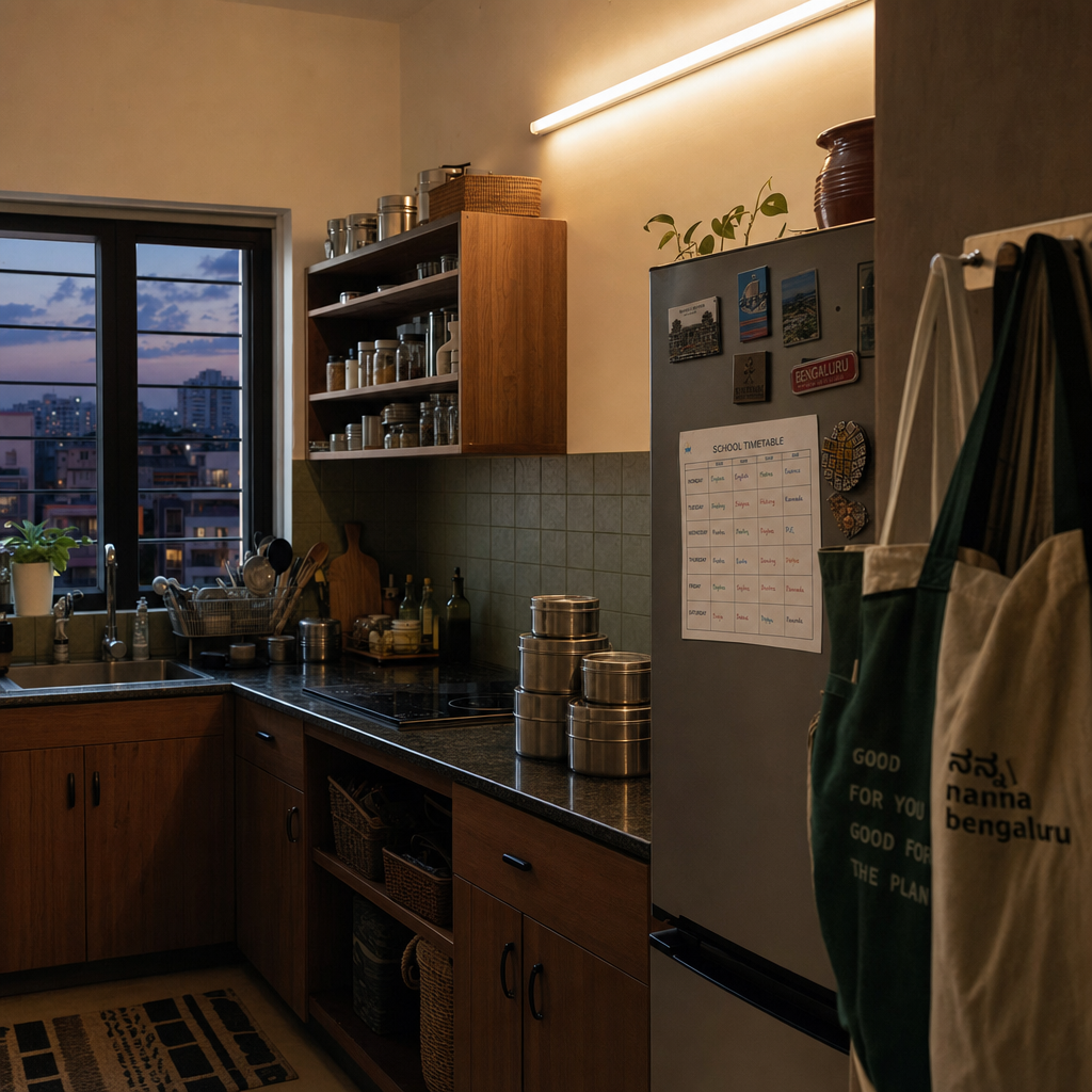 An evening kitchen scene in Bengaluru with steel tiffins, an induction stove, and a school timetable on the fridge.