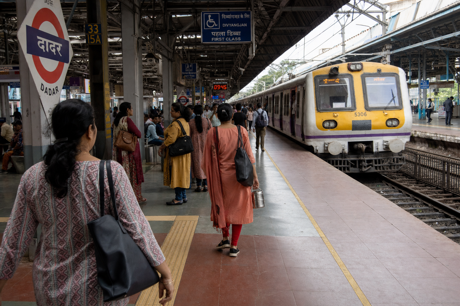 Morning rush on a Mumbai suburban station with women commuters carrying tiffins and work bags as a local train arrives.