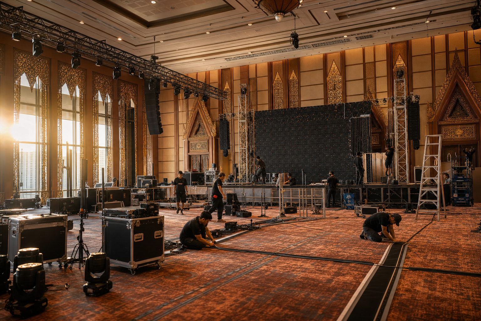 Crew setting up a stage and LED wall inside a Bangkok hotel ballroom with warm side light and truss lighting.