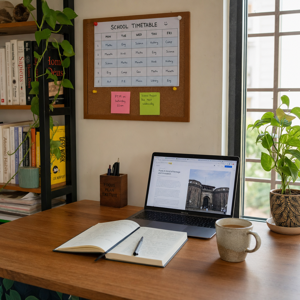 A wide view of an Indian office floor in warm afternoon light with desks, laptops, and a city skyline visible through large windows.