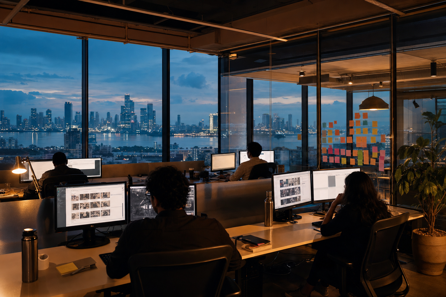 A wide view of a Mumbai content team’s open office at dusk with editors at desks and notes on a glass wall.
