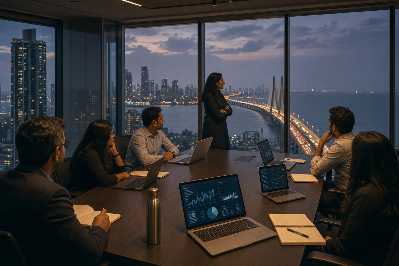 Mumbai conference room with a team reviewing marketing dashboards at dusk and the city skyline in the background.