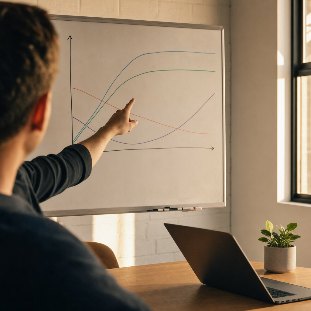 A strategist points at colored curves on a whiteboard to discuss media mix and cost curves.