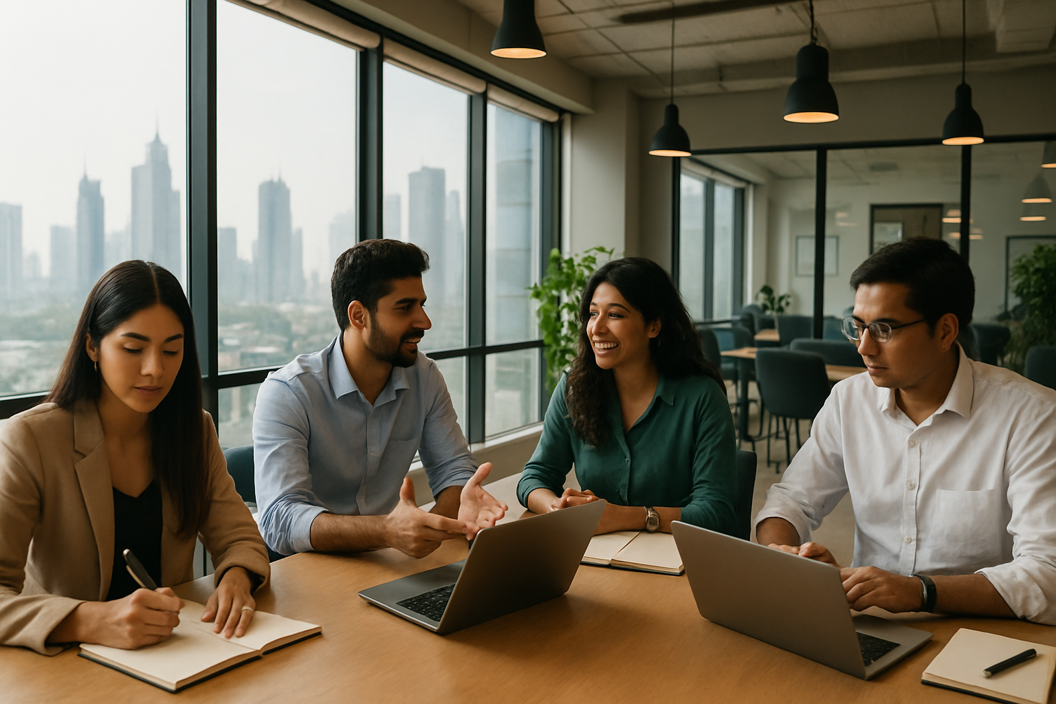 A Mumbai coworking space with a diverse team discussing content strategy around laptops near large windows.