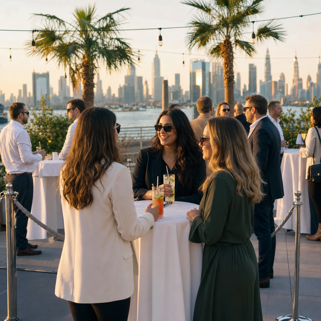 Guests networking on a Dubai terrace at sunset with palm trees, string lights, and cocktail tables.