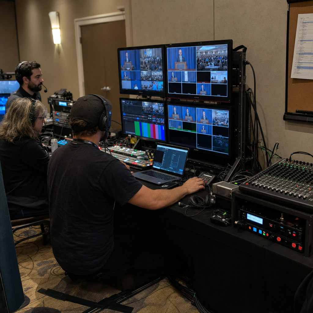 Hybrid event control desk with monitors, encoder, audio mixer, and headsets in a production area.