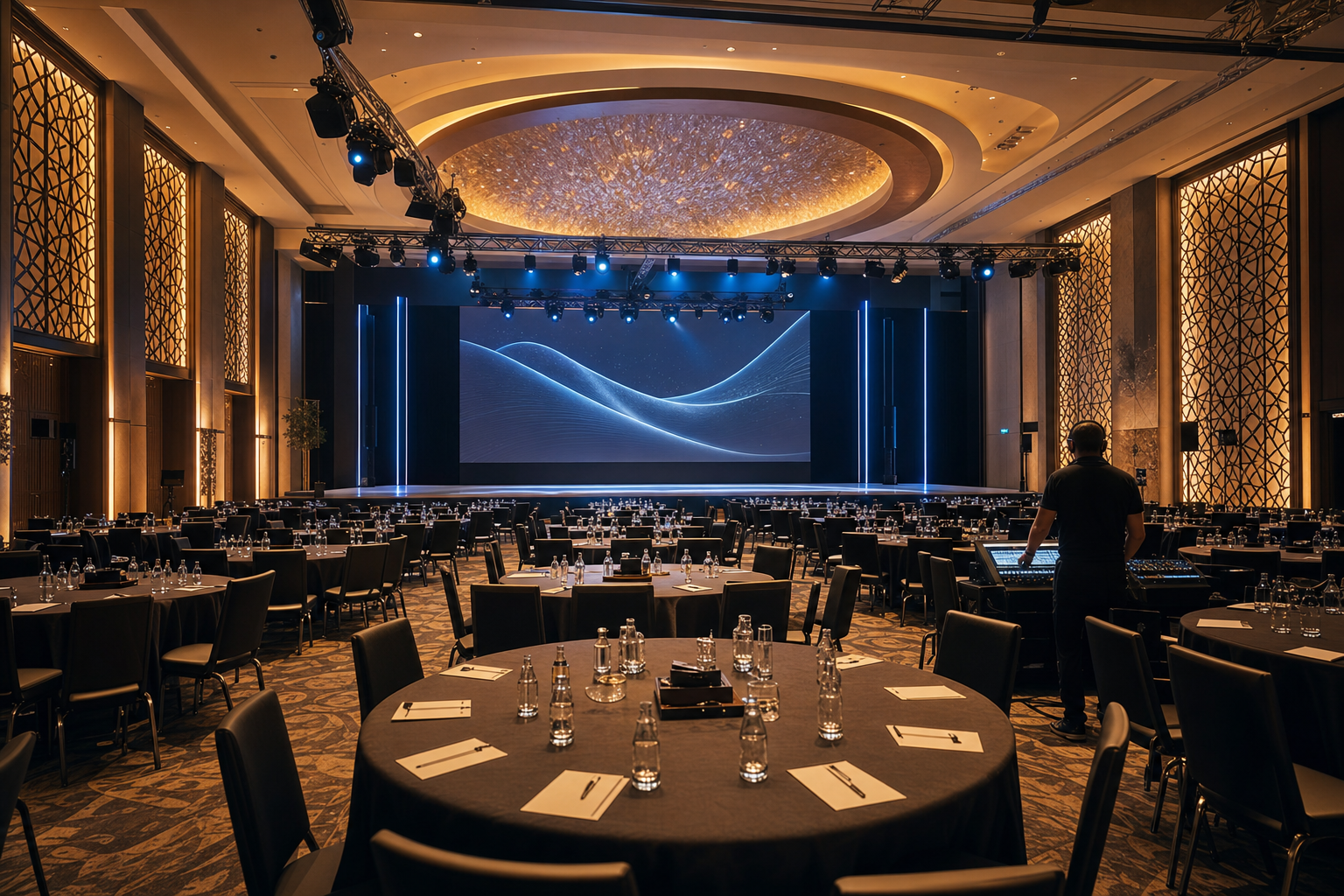 Wide view of a Dubai hotel ballroom set for a corporate event with an LED stage, truss lighting, and round tables.