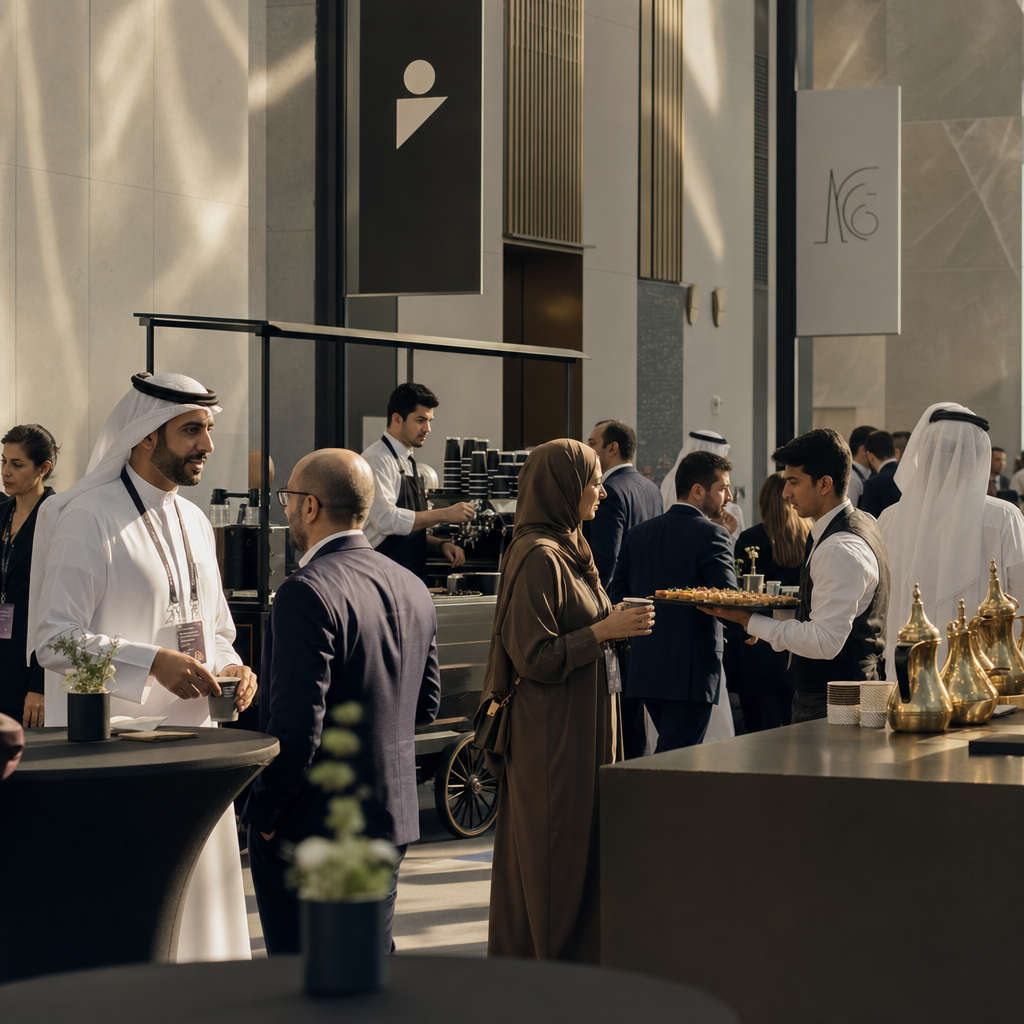 Networking area in a Dubai hall with high tables, a barista cart, servers with canapés, and an Arabic coffee dallah on the counter.
