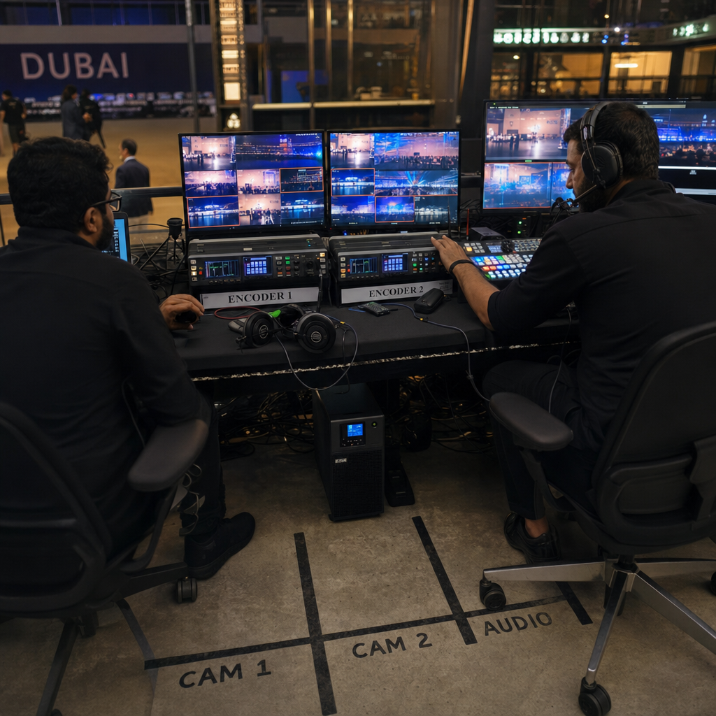 Production control desk with dual encoders, a vision mixer, multiview screens, and comms headsets ready for a hybrid event stream.