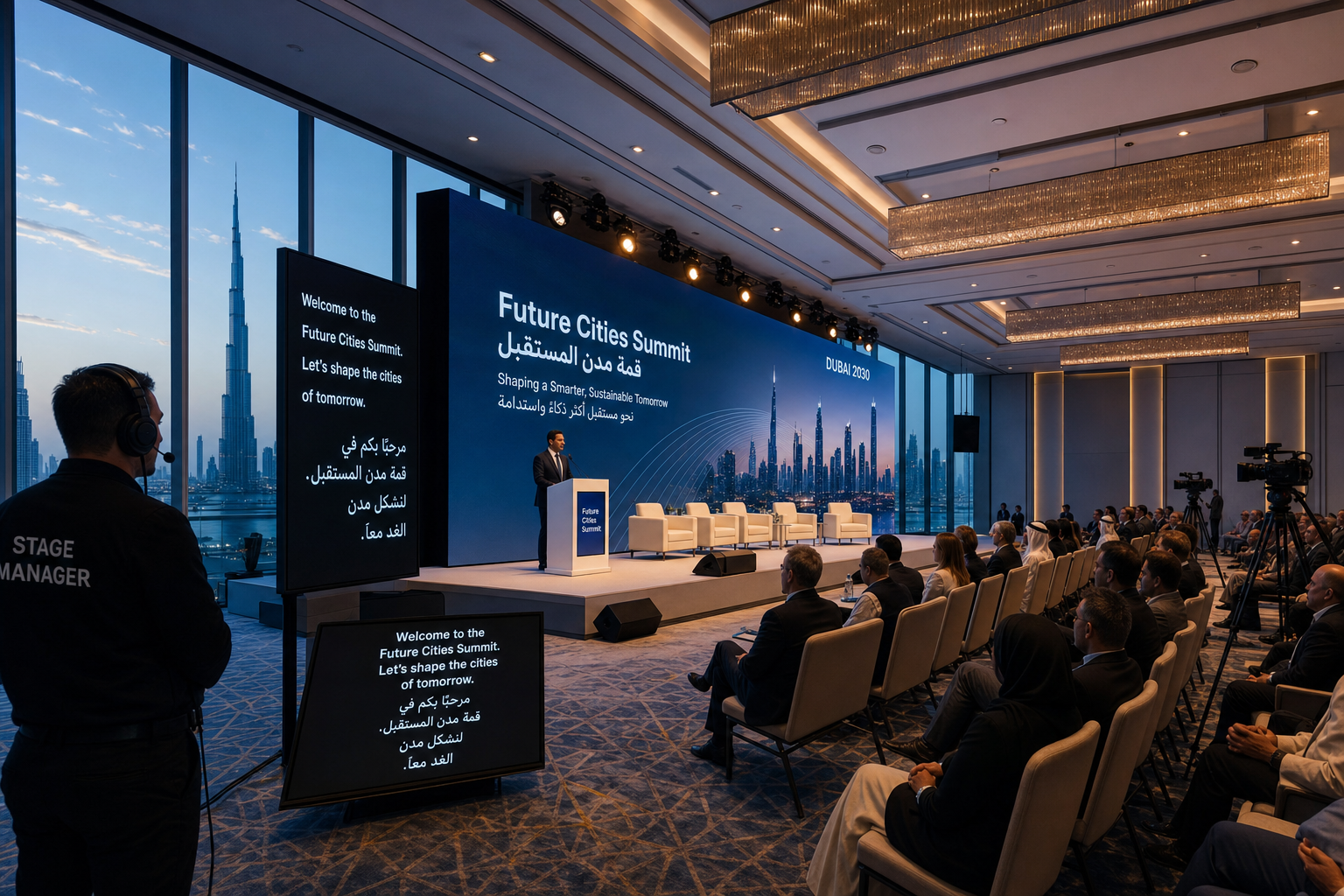 Hybrid corporate event in a Dubai ballroom at dusk with LED stage, cameras on tripods, and a stage manager wearing a headset near the wing.