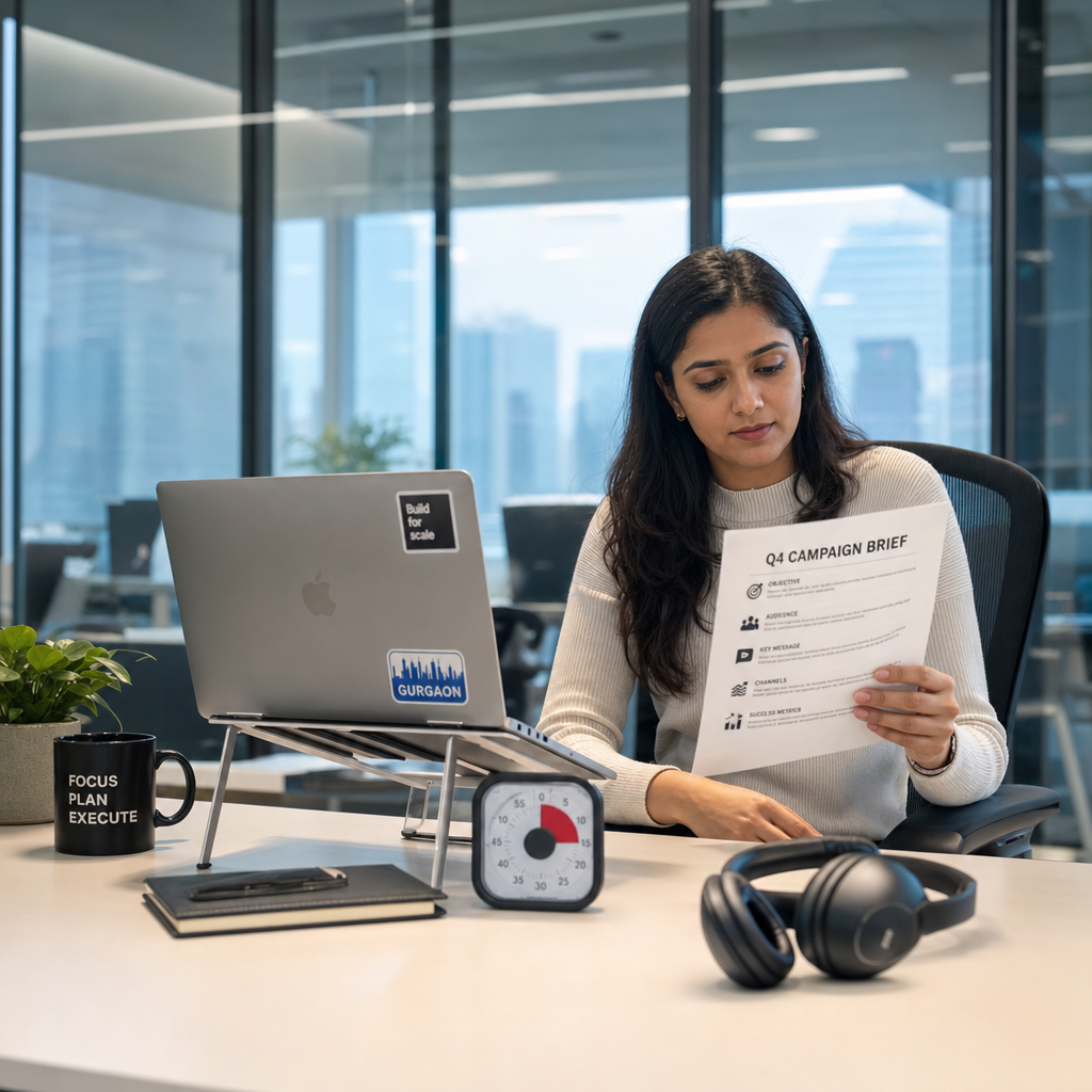 A woman in a Gurgaon office reviews a one-page brief at a clean desk with an analog timer and laptop stand.