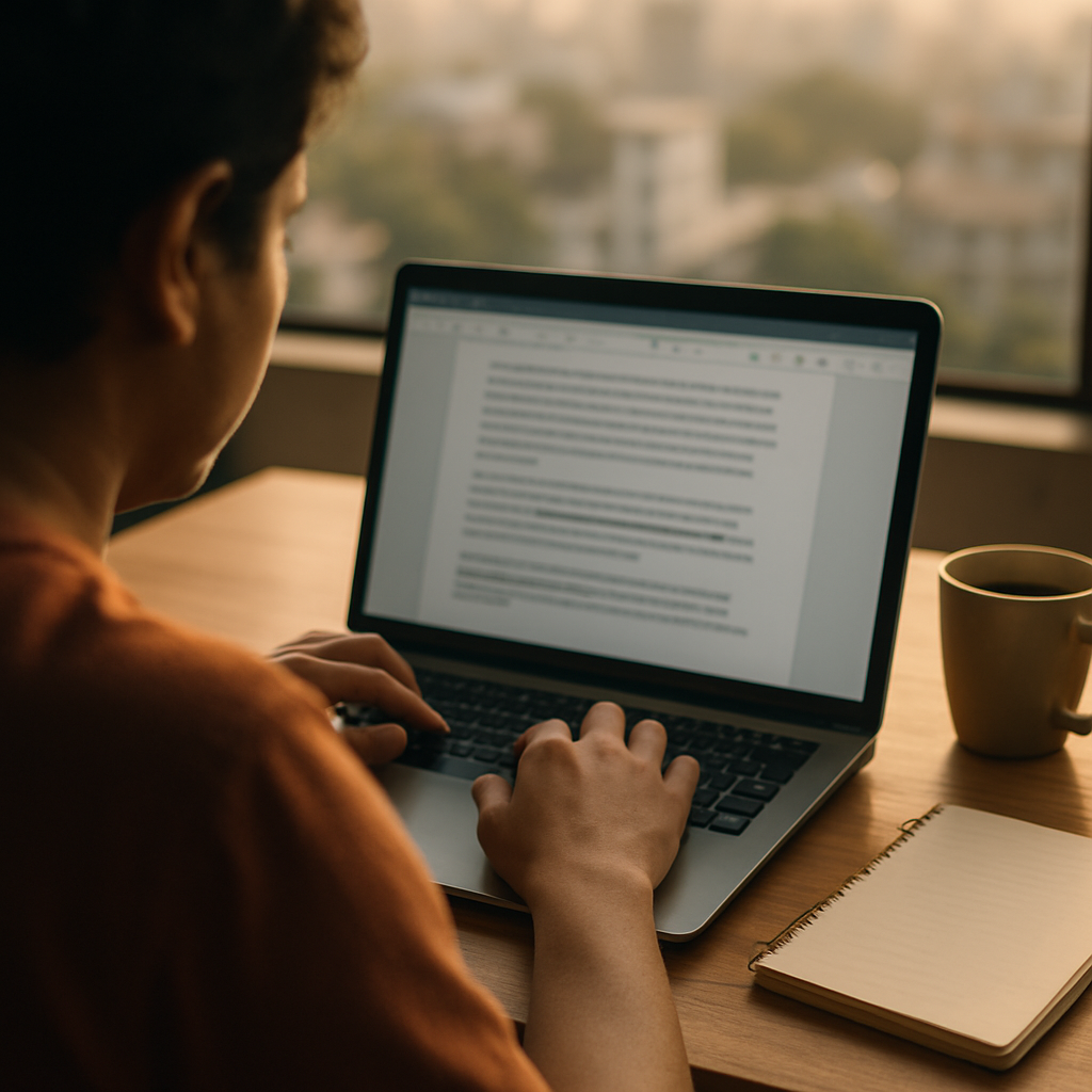 An editor in Mumbai reviews a draft on a laptop with a notepad and coffee on the desk.